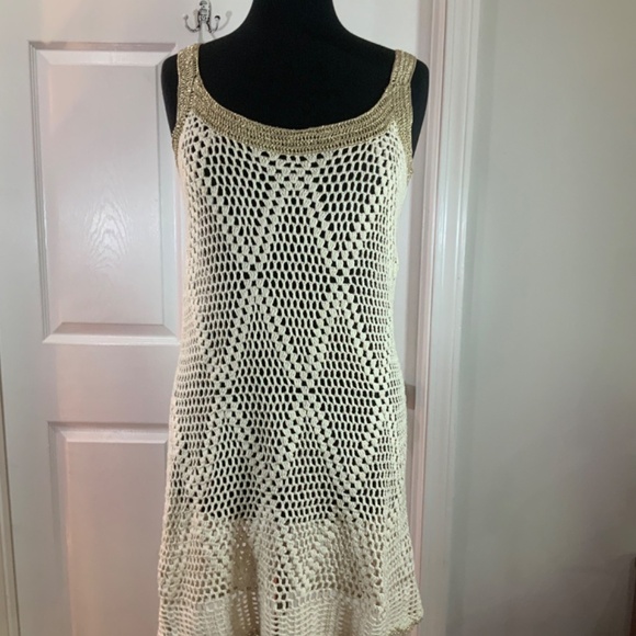 Boston Proper Gold Metallic Crochet Fishnet Ivory Boho Tank Mini Dress Size 2 - Picture 2 of 9